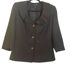 Larry Levine Ruffled Collar Blazer Jacket Size10 Brown Herringbone Tweed Career